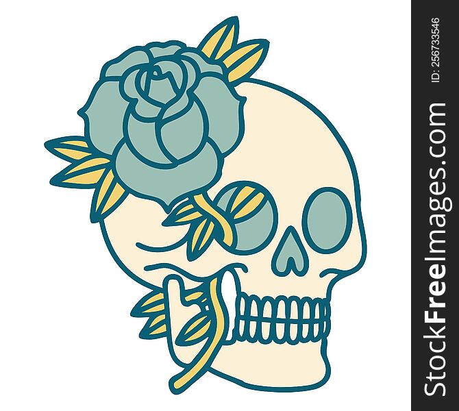 tattoo style icon of a skull and rose