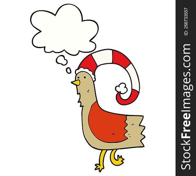 Cartoon Chicken In Funny Christmas Hat And Thought Bubble