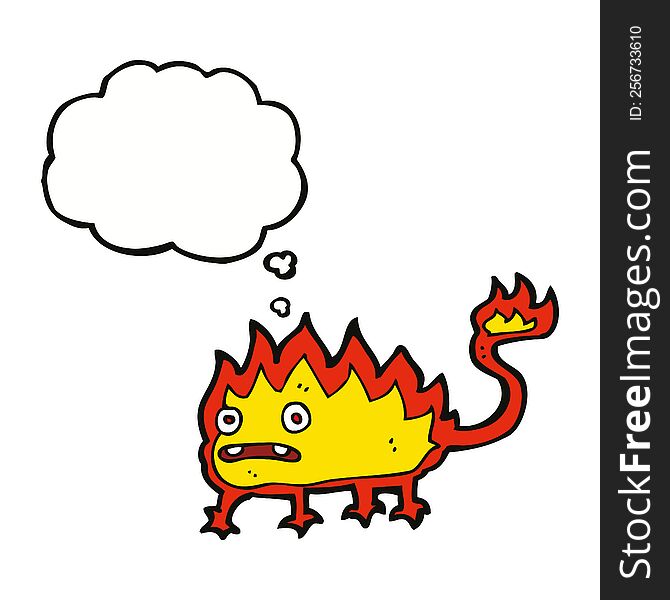 cartoon little fire demon with thought bubble