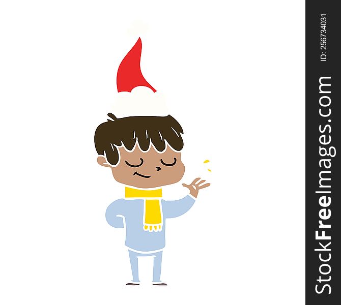 hand drawn flat color illustration of a happy boy wearing santa hat