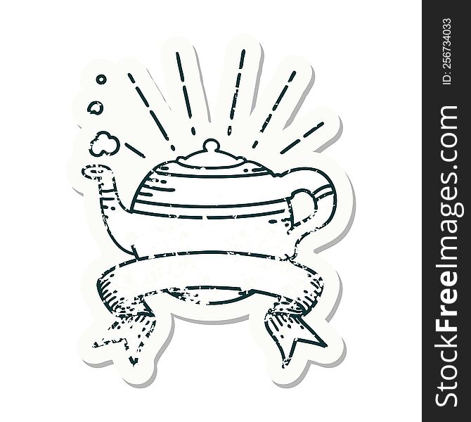 worn old sticker of a tattoo style steaming teapot. worn old sticker of a tattoo style steaming teapot