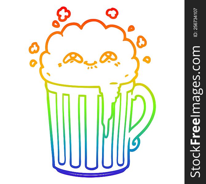 rainbow gradient line drawing of a happy cartoon mug of beer