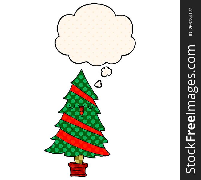 cartoon christmas tree with thought bubble in comic book style