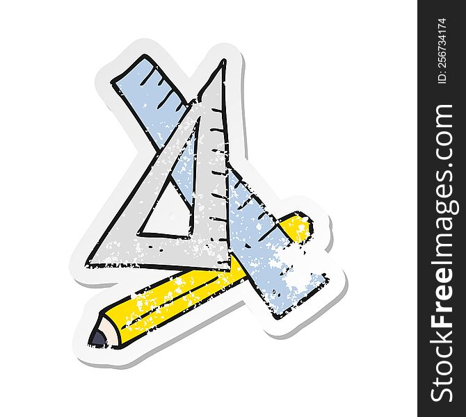 Retro Distressed Sticker Of A Cartoon Pencil And Ruler