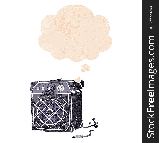 cartoon guitar amp with thought bubble in grunge distressed retro textured style. cartoon guitar amp with thought bubble in grunge distressed retro textured style