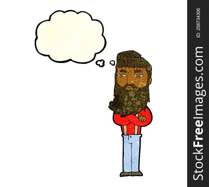 cartoon serious man with beard with thought bubble