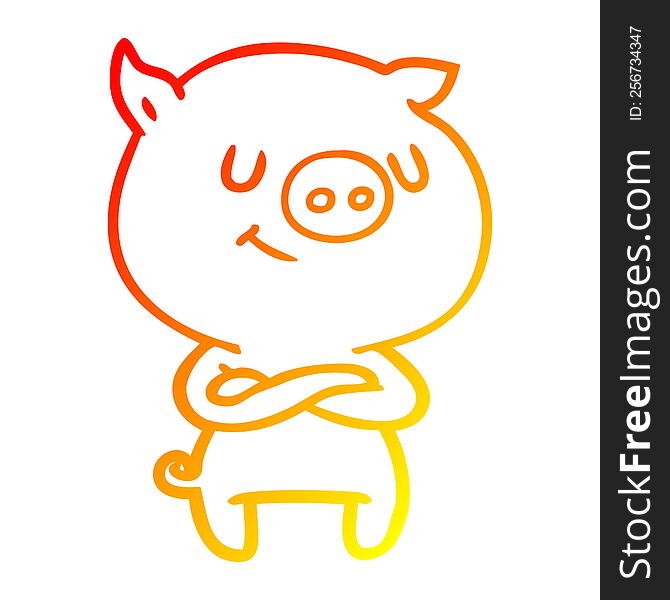 warm gradient line drawing of a happy cartoon pig with crossed arms
