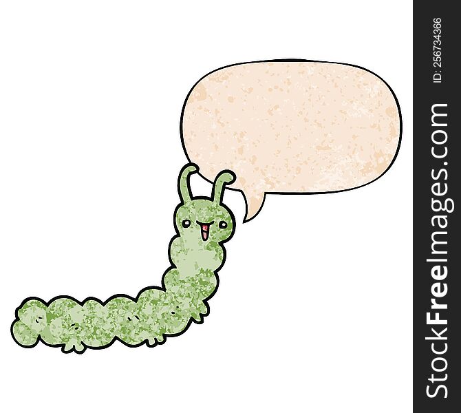cartoon caterpillar with speech bubble in retro texture style