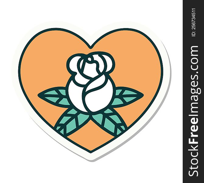 sticker of tattoo in traditional style of a heart and flowers. sticker of tattoo in traditional style of a heart and flowers