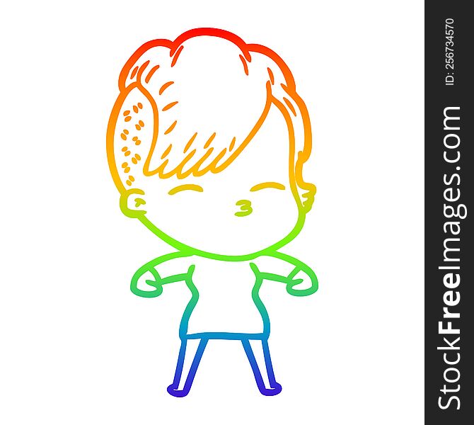 Rainbow Gradient Line Drawing Cartoon Squinting Girl