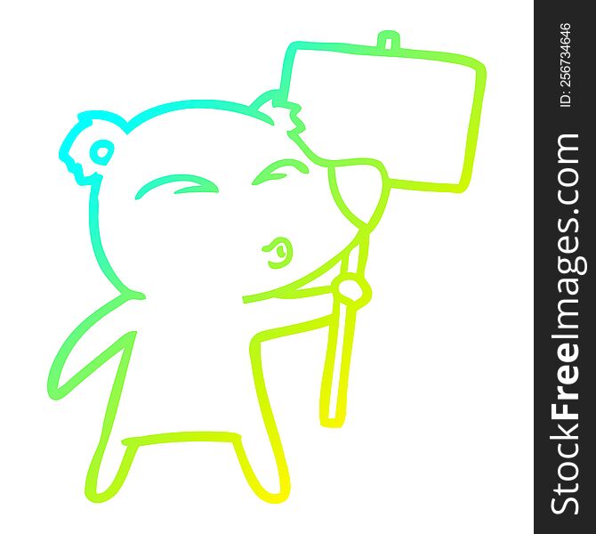 cold gradient line drawing of a cartoon polar bear with placard