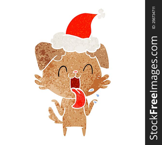 hand drawn retro cartoon of a panting dog shrugging shoulders wearing santa hat