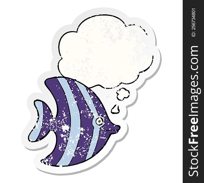 cartoon angel fish with thought bubble as a distressed worn sticker