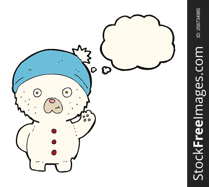 Cartoon Waving Polar Teddy Bear In Winter Hat With Thought Bubble