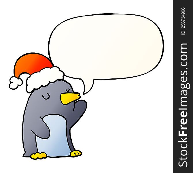 Cute Cartoon Christmas Penguin And Speech Bubble In Smooth Gradient Style