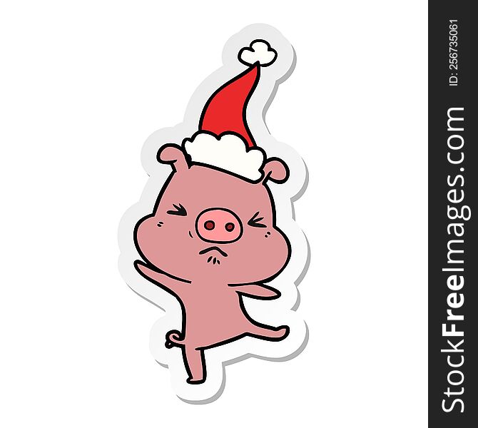 Sticker Cartoon Of A Furious Pig Wearing Santa Hat