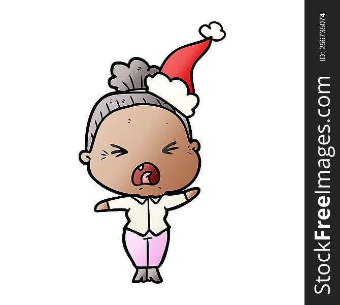 gradient cartoon of a angry old woman wearing santa hat