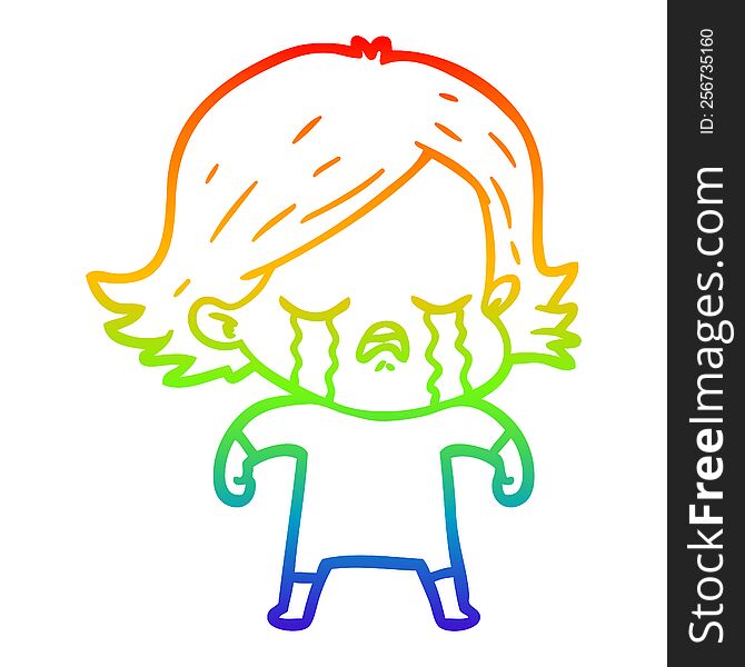 Rainbow Gradient Line Drawing Cartoon Girl Crying