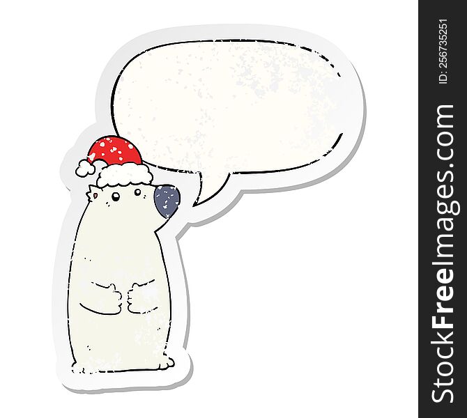 cartoon bear wearing christmas hat and speech bubble distressed sticker