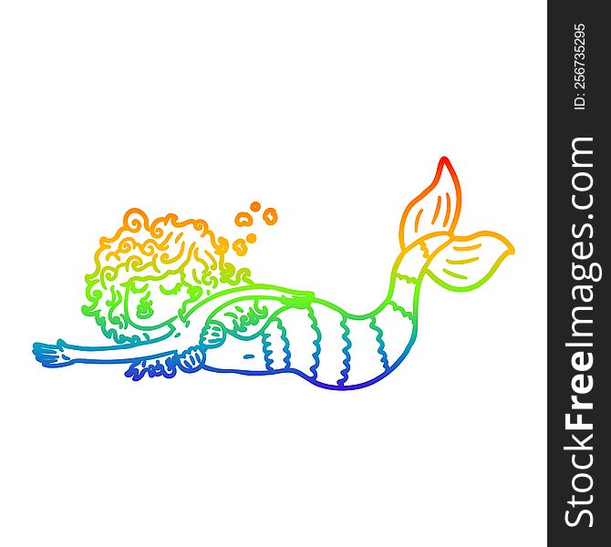 Rainbow Gradient Line Drawing Cartoon Mermaid