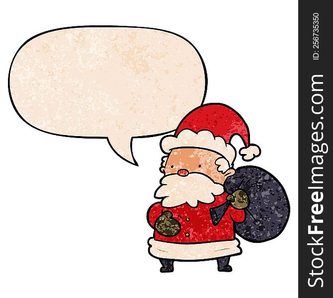 cartoon santa claus and speech bubble in retro texture style