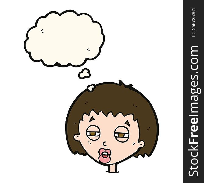 cartoon woman narrowing eyes with thought bubble