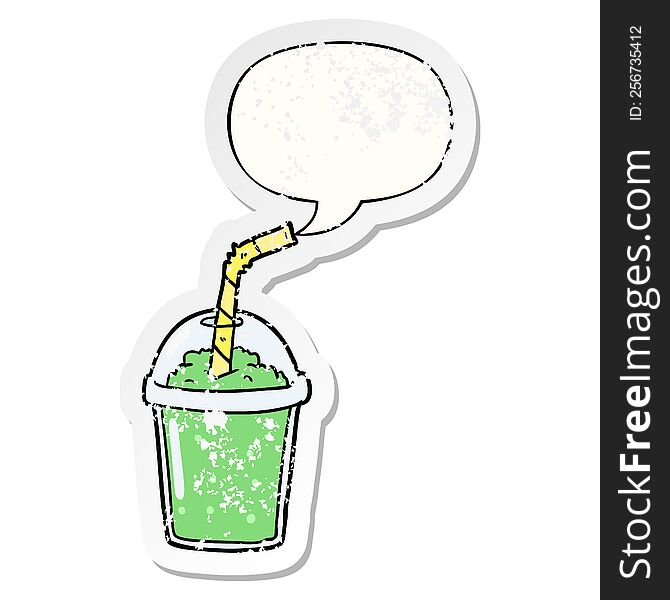 cartoon iced smoothie with speech bubble distressed distressed old sticker. cartoon iced smoothie with speech bubble distressed distressed old sticker
