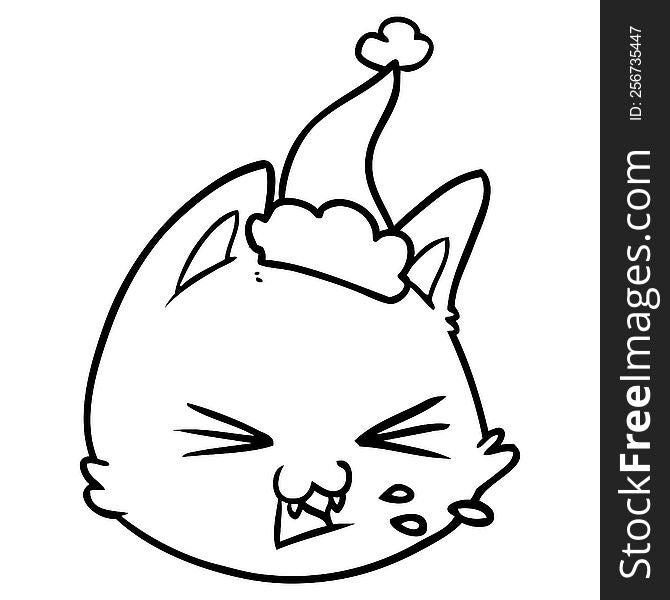 Spitting Line Drawing Of A Cat Face Wearing Santa Hat