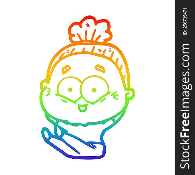 rainbow gradient line drawing of a cartoon happy old woman