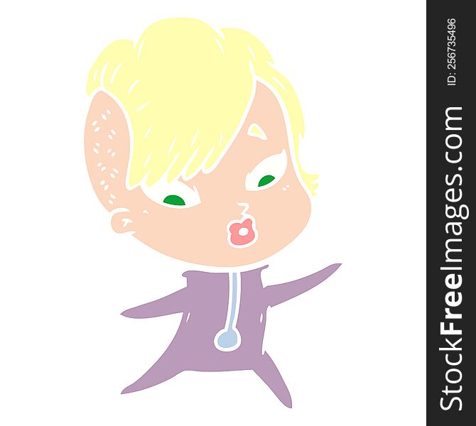 flat color style cartoon surprised girl in science fiction clothes