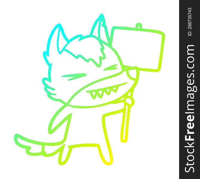 Cold Gradient Line Drawing Angry Wolf Cartoon With Placard