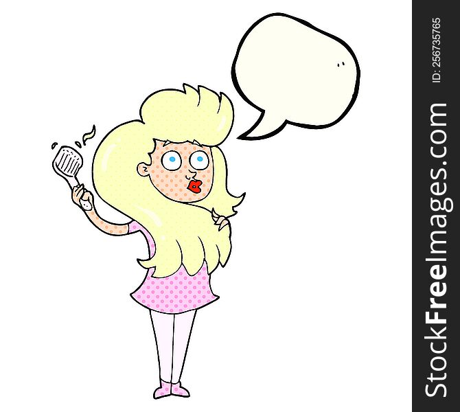 freehand drawn comic book speech bubble cartoon woman brushing hair