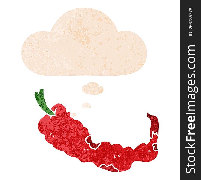 Cartoon Chili Pepper And Thought Bubble In Retro Textured Style