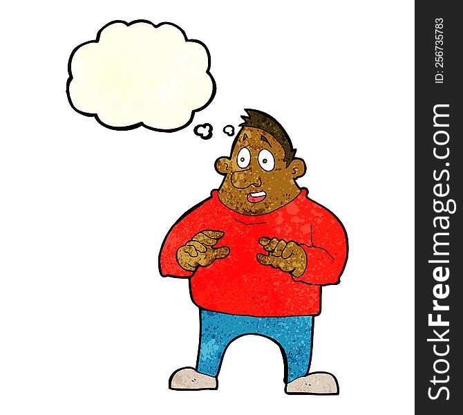 cartoon excited overweight man with thought bubble