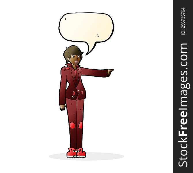 cartoon woman in leather jacket pointing with speech bubble