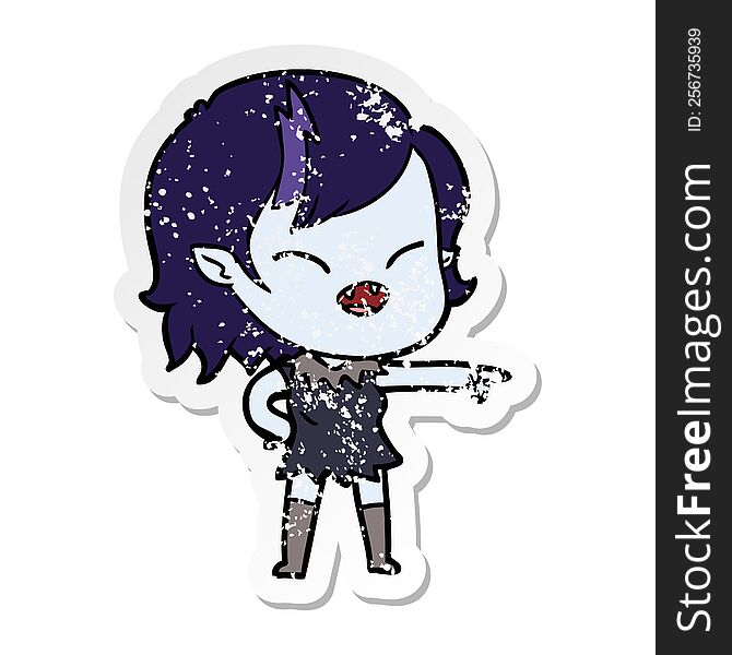 distressed sticker of a cartoon vampire girl pointing and laughing