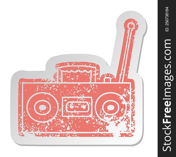 distressed old cartoon sticker of a retro cassette player