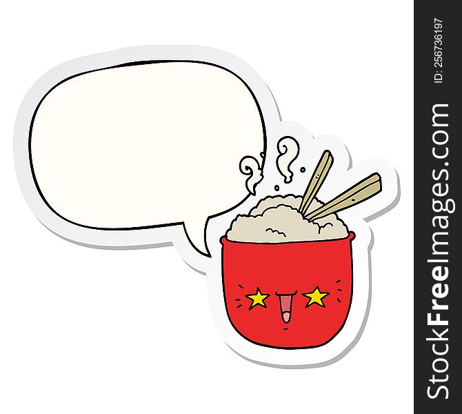 cartoon rice bowl with face with speech bubble sticker. cartoon rice bowl with face with speech bubble sticker