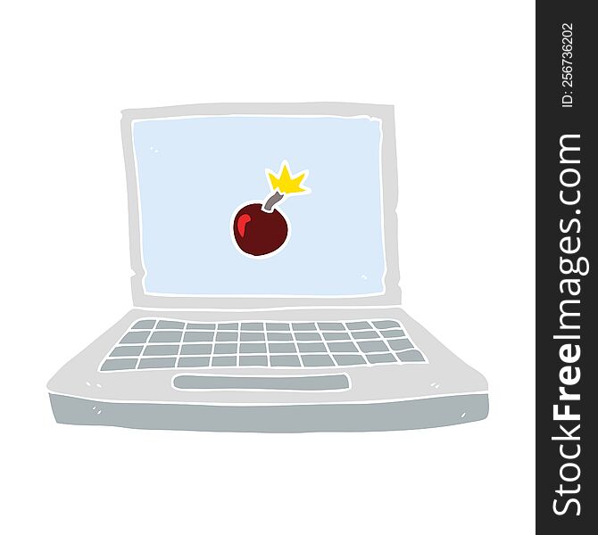 flat color illustration of a cartoon laptop computer with bomb symbol