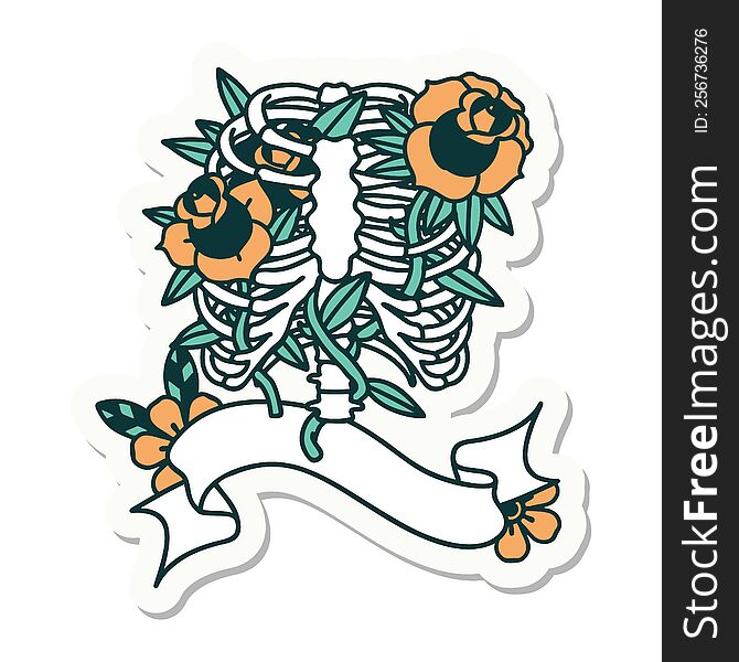 tattoo style sticker with banner of a rib cage and flowers