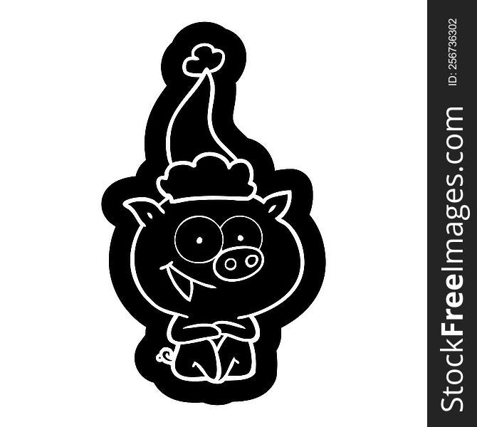 cheerful sitting pig quirky cartoon icon of a wearing santa hat