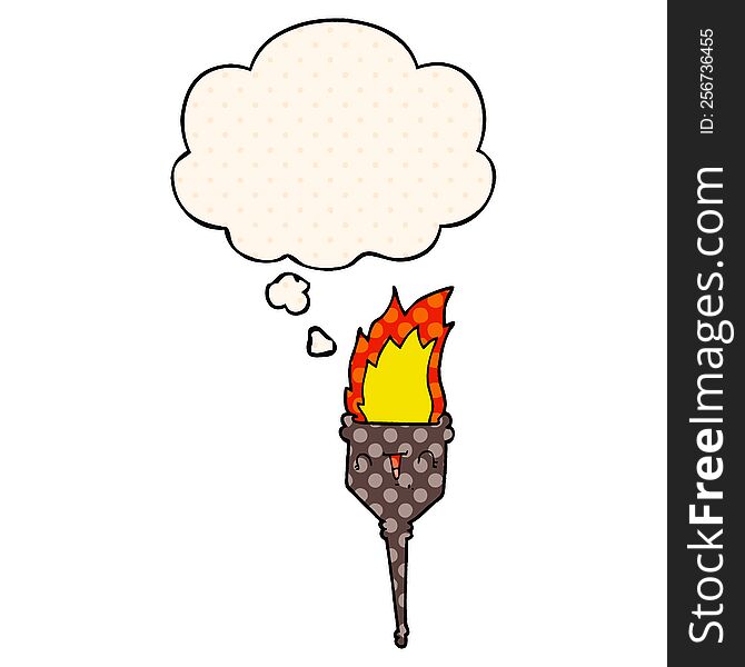 cartoon flaming chalice with thought bubble in comic book style