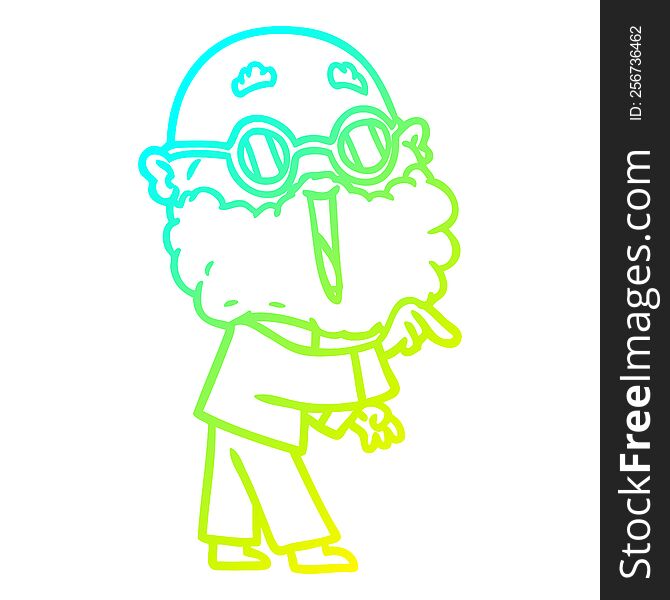 cold gradient line drawing of a cartoon joyful man with beard pointing finger