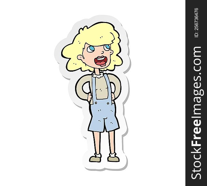 sticker of a cartoon woma in dungarees