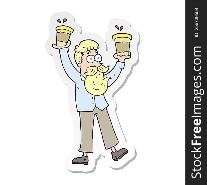 sticker of a cartoon man with coffee cups