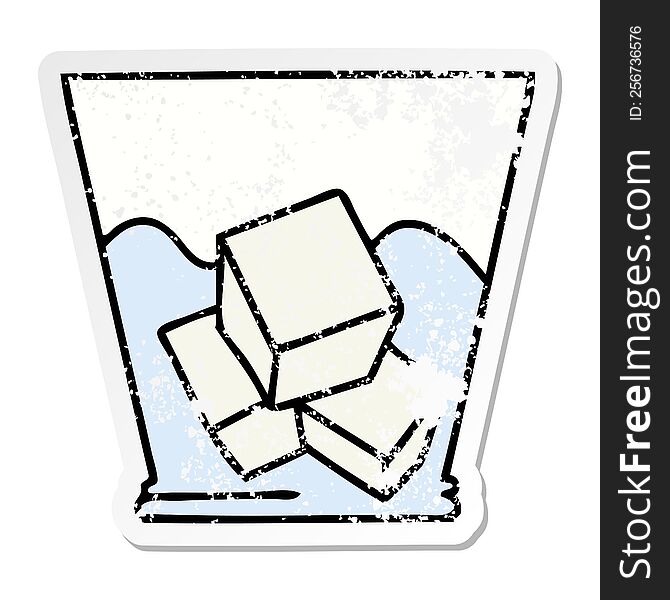 distressed sticker of a quirky hand drawn cartoon whisky and ice