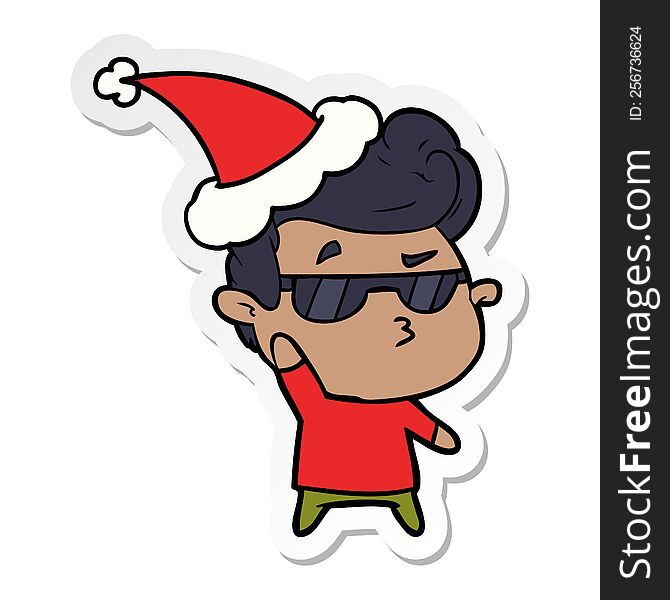hand drawn sticker cartoon of a cool guy wearing santa hat