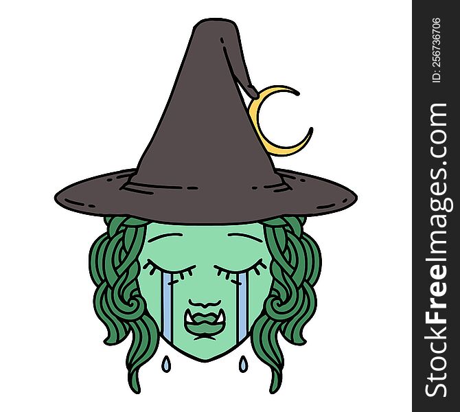 Retro Tattoo Style crying half orc witch character face. Retro Tattoo Style crying half orc witch character face