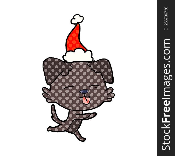 hand drawn comic book style illustration of a dog sticking out tongue wearing santa hat