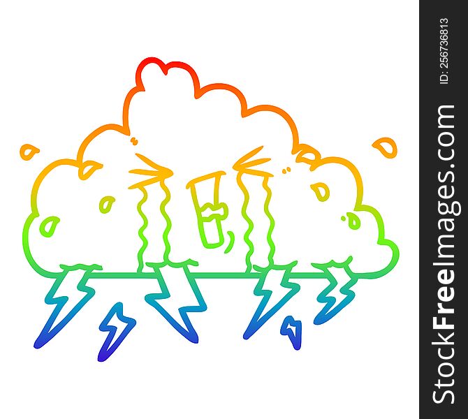 rainbow gradient line drawing of a cartoon thundercloud
